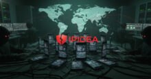 A network of phones connected by red lines across a world map, symbolizing the IPIDEA residential proxy network. Hooded figures at computers suggest malicious SDKs and device proxy abuse. A cracked shield logo highlights security risks.