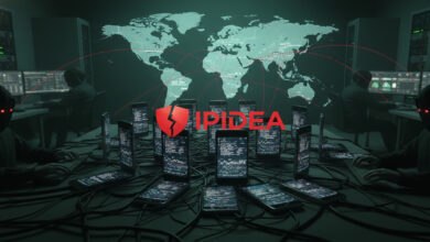 A network of phones connected by red lines across a world map, symbolizing the IPIDEA residential proxy network. Hooded figures at computers suggest malicious SDKs and device proxy abuse. A cracked shield logo highlights security risks.