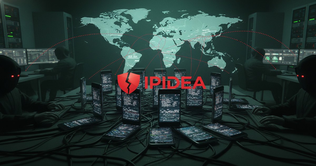 Network of phones connected across a world map representing the IPIDEA residential proxy pool Google says it disrupted