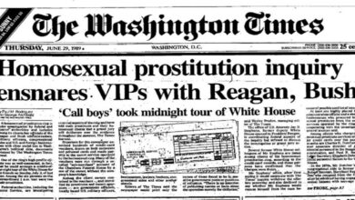 The Washington Times headline: "Homosexual prostitution inquiry ensnares VIPs with Reagan, Bush." The front page article details a scandal involving child abuse scandals, political cover-ups, and elite exploitation, including child victimization by celebrities and political figures.