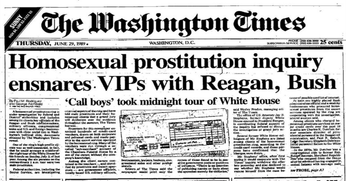 Washington Times front page: Homosexual prostitution inquiry ensnares VIPs with Reagan, Bush.