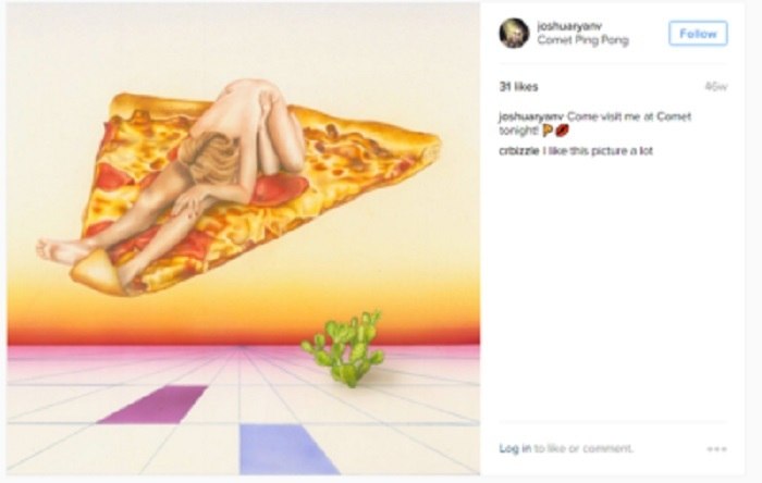 Surreal artwork of a figure reclining on a pizza slice, used in the original 2016 report on coded language in leaked political emails.