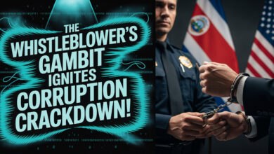 A police officer places handcuffs on a man in a suit, with the Costa Rican and U.S. flags in the background. The image illustrates an arrest related to a "Corruption Crackdown" following a "Whistleblower's Gambit.