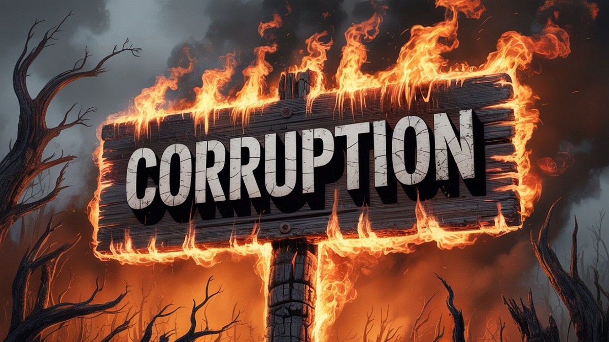 A wooden sign ablaze with orange flames displays the word "CORRUPTION" in bold white letters. The sign stands on a charred post amidst a backdrop of burning trees and a dark, ominous sky, symbolizing the destructive nature of corruption and its impact on a nation.