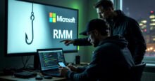 Two men analyze a screen displaying the Microsoft logo, "RMM," and a phishing hook, suggesting a focus on RMM malware and IRS phishing scams. One man points at the screen while the other checks his phone, with code visible on a laptop.