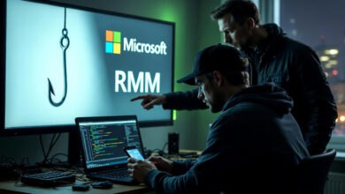 Two men analyze a screen displaying the Microsoft logo, "RMM," and a phishing hook, suggesting a focus on RMM malware and IRS phishing scams. One man points at the screen while the other checks his phone, with code visible on a laptop.