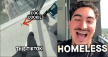 Split screen: Left shows dog poop on a Miami high-rise apartment balcony. Text: "DOG DOOKIE," "THIS TIKTOK." Right shows Isaiah, the homeless influencer, smiling widely. Text: "HOMELESS.