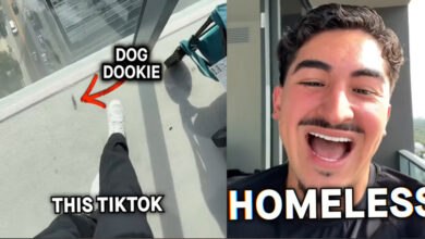Split screen: Left shows dog poop on a Miami high-rise apartment balcony. Text: "DOG DOOKIE," "THIS TIKTOK." Right shows Isaiah, the homeless influencer, smiling widely. Text: "HOMELESS.