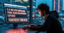 A young man stares intently at a computer screen displaying the words "5.8 MILLION AMERICANS FROM 18,000 DEALERSHIPS EXPOSED 700CREDIT BREACH," highlighting the 700Credit breach impacting auto dealerships and consumers.