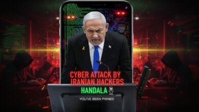 Benjamin Netanyahu scowls amidst a "Cyber Attack by Iranian Hackers Handala" graphic, highlighting the Handala Braverman phone breach. Hooded figures type at computers, emphasizing the threat. "You've Been Pwned" adds to the tension.