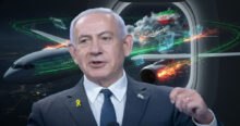 Benjamin Netanyahu, with a concerned expression, stands before a backdrop showing a plane with an Iranian flag visible through the window. The plane is overlaid with digital effects suggesting a cyber threat, referencing the Handala cyber threats against Netanyahu's flight.