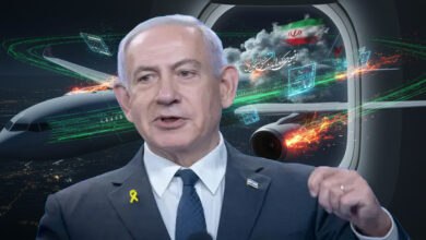 Benjamin Netanyahu, with a concerned expression, stands before a backdrop showing a plane with an Iranian flag visible through the window. The plane is overlaid with digital effects suggesting a cyber threat, referencing the Handala cyber threats against Netanyahu's flight.