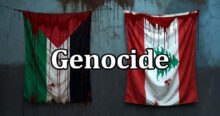 Distressed Palestinian and Lebanese flags hang against a cracked wall, stained with red, symbolizing the "Genocide" and drawing "Gaza comparisons Lebanon" due to "Israeli strikes Lebanon" and "Infrastructure damage Lebanon".