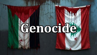Distressed Palestinian and Lebanese flags hang against a cracked wall, stained with red, symbolizing the "Genocide" and drawing "Gaza comparisons Lebanon" due to "Israeli strikes Lebanon" and "Infrastructure damage Lebanon".