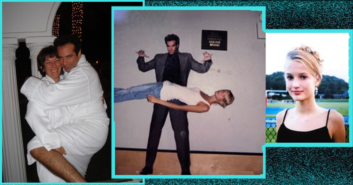 Collage of images related to David Copperfield and Jeffrey Epstein. Includes a photo of Ghislaine Maxwell and Epstein in robes, Copperfield seemingly levitating a woman, and a portrait of Johanna Sjoberg.
