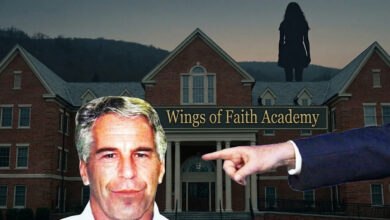 Composite image: Jeffrey Epstein's face, a pointing hand, and Wings of Faith Academy with a silhouetted figure on the roof. Highlights the "troubled teen programs" connection and "boarding school abuse" allegations.