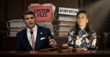 Journalist Katie Phang and a man in a suit sit at a table with a gavel, stacks of "Epstein Files" and "Jeffrey Epstein" folders behind them, suggesting a courtroom or investigation setting related to the Epstein case.