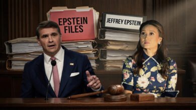 Journalist Katie Phang and a man in a suit sit at a table with a gavel, stacks of "Epstein Files" and "Jeffrey Epstein" folders behind them, suggesting a courtroom or investigation setting related to the Epstein case.