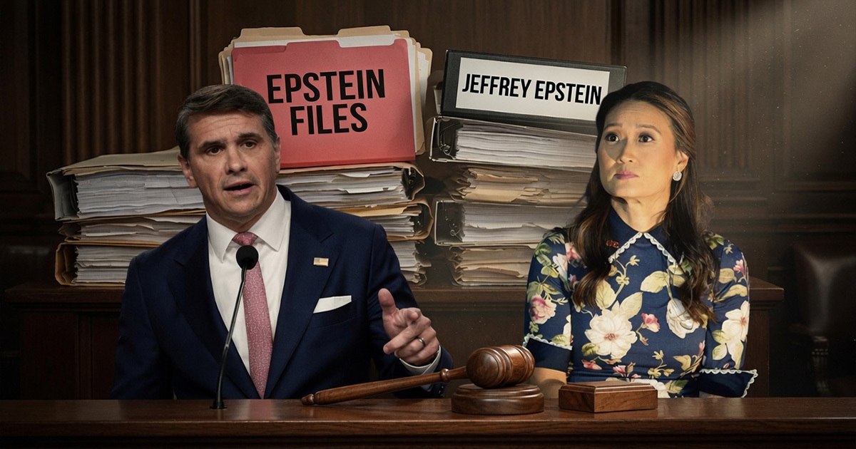Journalist Katie Phang with Epstein Files folders in a legal setting, reported by The AEGIS Alliance