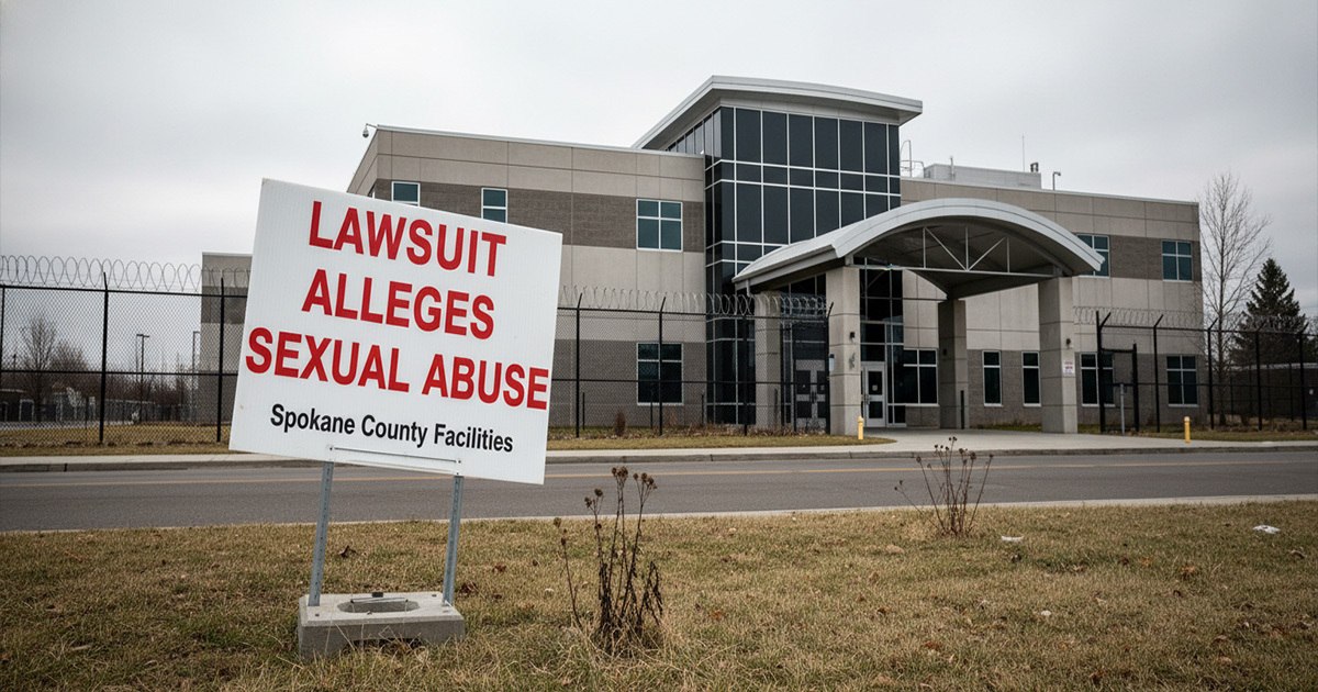 Sign referencing a sexual abuse lawsuit in front of the Spokane County Juvenile Detention Center