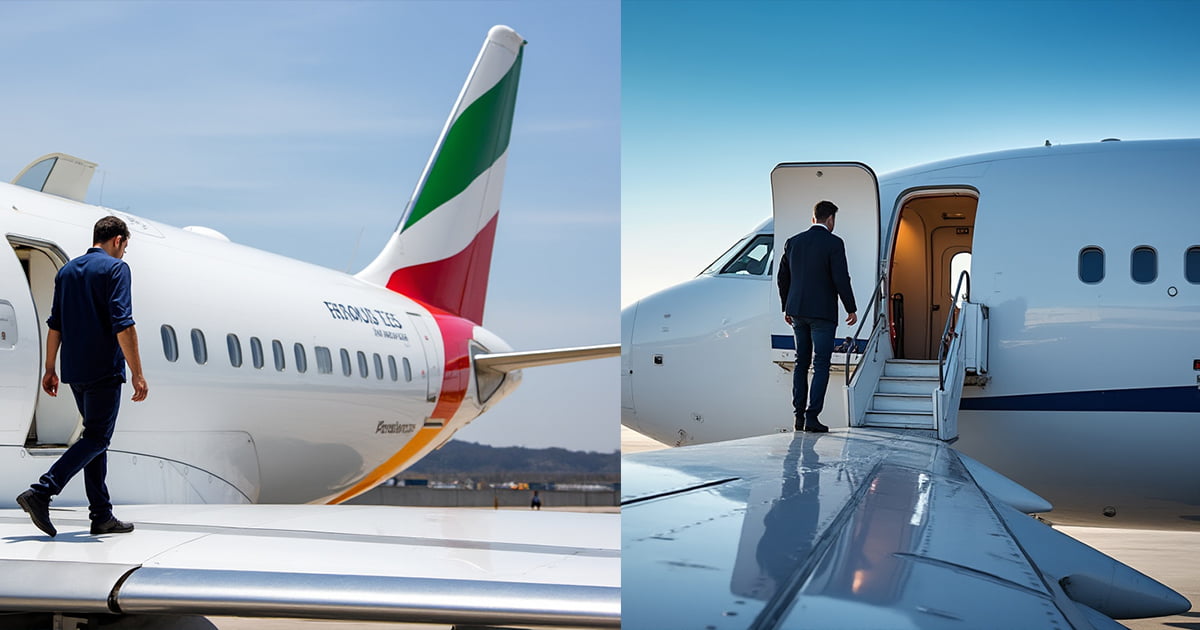 an image of a man walking on the wing of a commercial passenger plane with the emergency door open grok2 ai