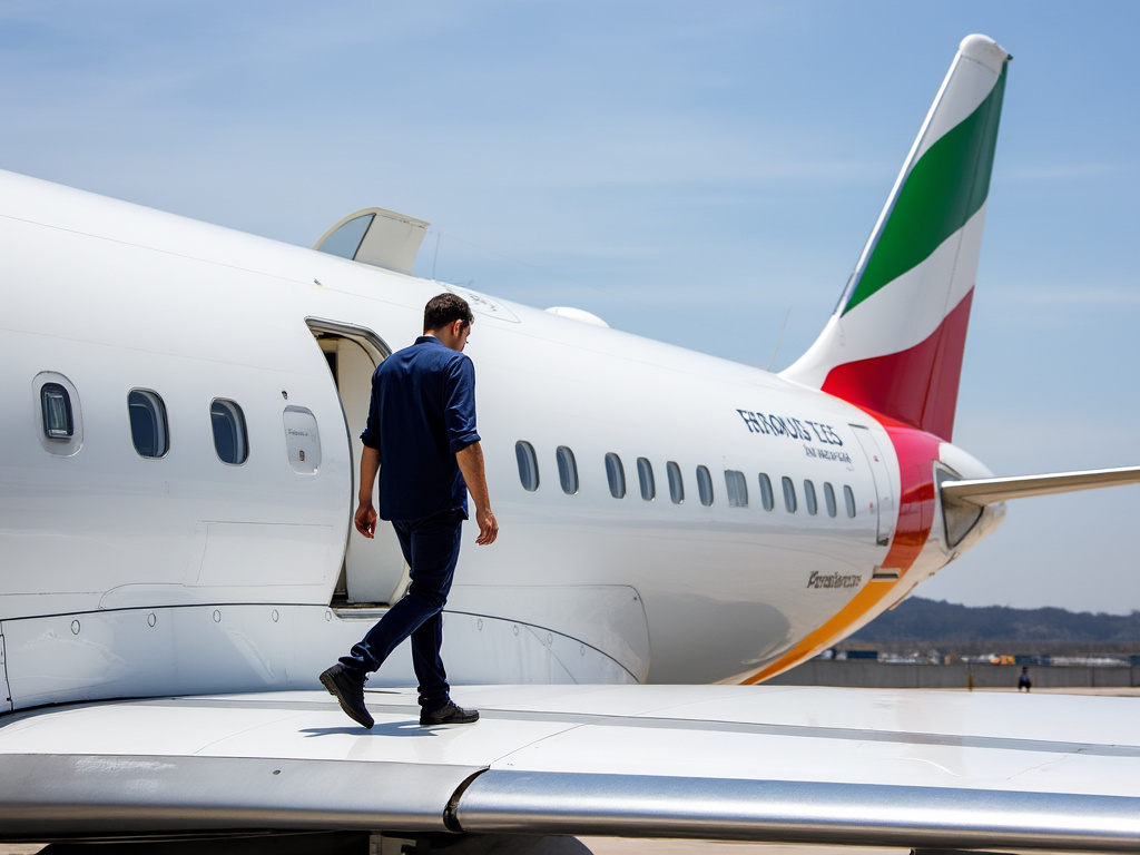 an image of a man walking on the wing of a commercial passenger plane with the emergency door open grok2 ai