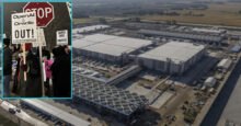 Protesters hold signs reading "OpenAI & Oracle OUT!" and "People Over Profits!" outside a massive Microsoft Fairwater Data Center in Wisconsin, symbolizing the human toll of tech expansion.