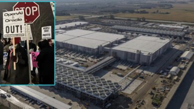 Protesters hold signs reading "OpenAI & Oracle OUT!" and "People Over Profits!" outside a massive Microsoft Fairwater Data Center in Wisconsin, symbolizing the human toll of tech expansion.