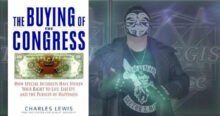 Book cover for "The Buying of Congress" with a $100 bill illustration, next to a person wearing a Guy Fawkes mask, black jacket, and a "Sons of Anarchy" t-shirt, likely commenting on Congress influence and big corporations.