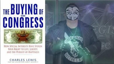 Book cover for "The Buying of Congress" with a $100 bill illustration, next to a person wearing a Guy Fawkes mask, black jacket, and a "Sons of Anarchy" t-shirt, likely commenting on Congress influence and big corporations.