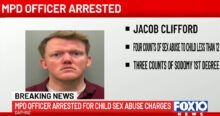 Mugshot of Jacob Clifford, a Mobile Police Department officer arrested by Daphne PD for child sex abuse charges. The FOX10 news graphic lists four counts of sex abuse to a child less than 12 and three counts of sodomy 1st degree.