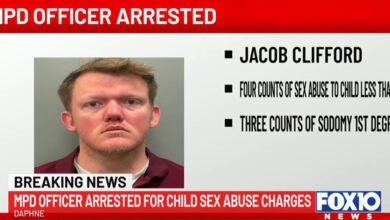 Mugshot of Jacob Clifford, a Mobile Police Department officer arrested by Daphne PD for child sex abuse charges. The FOX10 news graphic lists four counts of sex abuse to a child less than 12 and three counts of sodomy 1st degree.