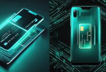 NGate Android Malware Steals NFC Data and Clones No-Contact Payment Cards a teal glowing futuristic credit card image coming from inside a futuristic android smartphone green