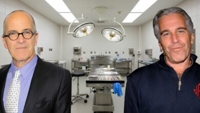 Split image: Mark Epstein in a suit and Jeffrey Epstein in a sweater, flanking a sterile autopsy room with surgical lights and instruments. This image is relevant to news about the Jeffrey Epstein autopsy and Mark Epstein's claims about his brother's death.