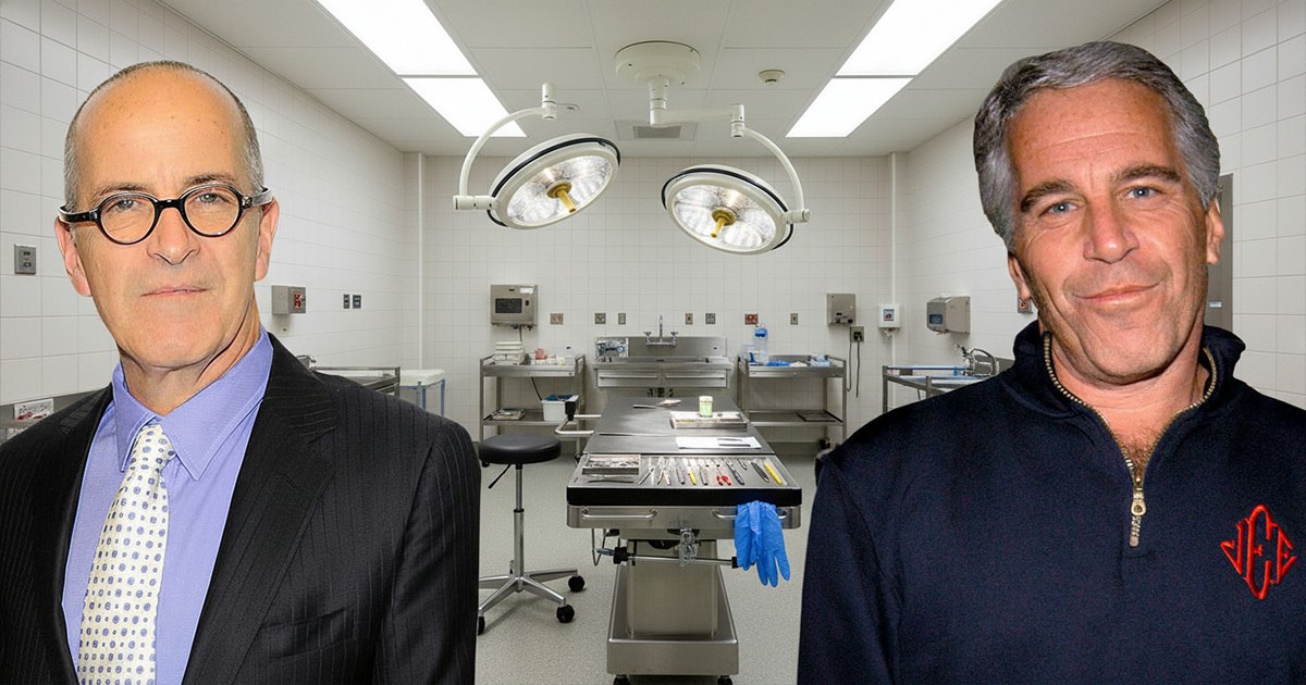 Split image of Mark Epstein and Jeffrey Epstein flanking an autopsy room related to Mark Epstein's claims about his brother's death at the Metropolitan Correctional Center