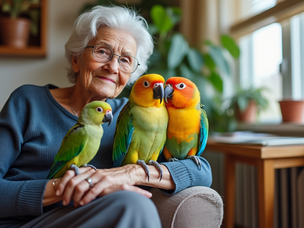 elederly woman with three emotional support parrots in her apartment grok2 ai