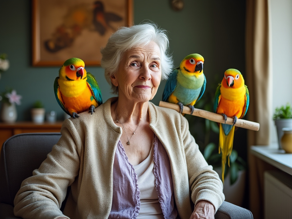 elederly woman with three emotional support parrots in her apartment grok2 ai