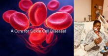 A young Black patient, smiling while holding a lollipop, sits in a hospital bed. The image is split, with a graphic of red blood cells and the text "A Cure for Sickle Cell Disease!" on the left, highlighting the breakthrough Lyfgenia gene therapy treatment for sickle cell disease. This New York patient celebrates pain relief and a new life.