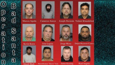 Mugshots of 12 men arrested in Middlesex County, New Jersey, during "Operation Bad Santa," a sting targeting child predator offenses. The image displays booking photos with names below each, including Marcos Aguila, Cameron Ameye, Joseph Davicsin, and others.