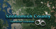 Snohomish County Operation Guardian text overlayed on a topographical map of Washington state, with handcuffs in the foreground.