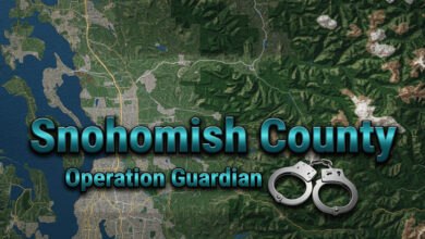 Snohomish County Operation Guardian text overlayed on a topographical map of Washington state, with handcuffs in the foreground.
