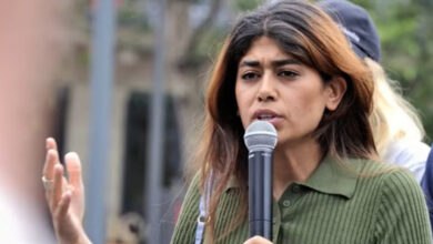 French MEP Rima Hassan speaks into a microphone, gesturing with her left hand. The pro Palestinian MEP wears a green collared shirt. Hassan barred from Canada hours before a scheduled Montreal event.