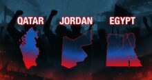 Silhouetted figures behind the outlined maps of Qatar, Jordan, and Egypt, colored in red and blue, convey the condemnation of Gaza ceasefire violations. The image suggests the ongoing Gaza humanitarian crisis.