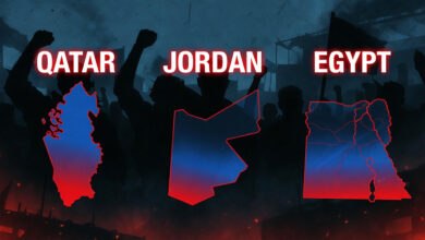 Silhouetted figures behind the outlined maps of Qatar, Jordan, and Egypt, colored in red and blue, convey the condemnation of Gaza ceasefire violations. The image suggests the ongoing Gaza humanitarian crisis.
