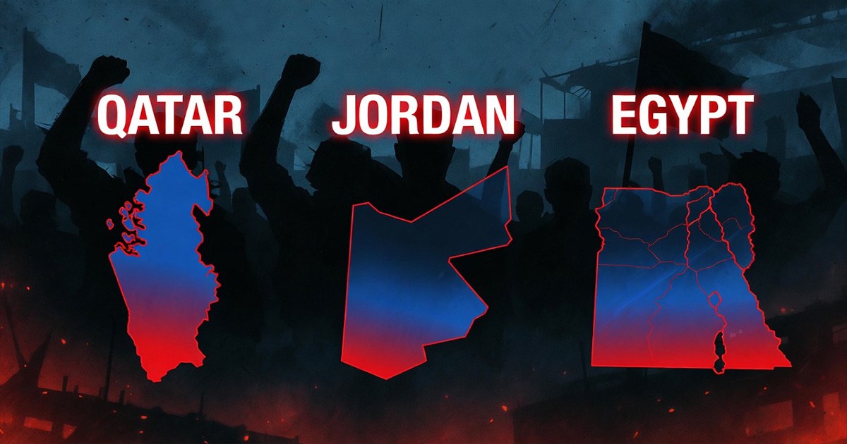 Silhouetted figures behind the outlined maps of Qatar, Jordan, and Egypt, colored in red and blue, convey the condemnation of Gaza ceasefire violations by The AEGIS Alliance.