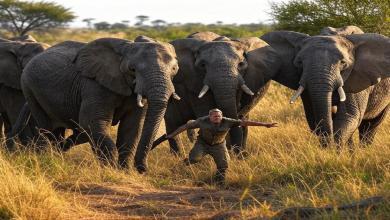 Rhino Poacher trampled to death by Elephants in South Africa An image of elephants attacking a rhino poacher in South Africa. (X/Grok2 AI)