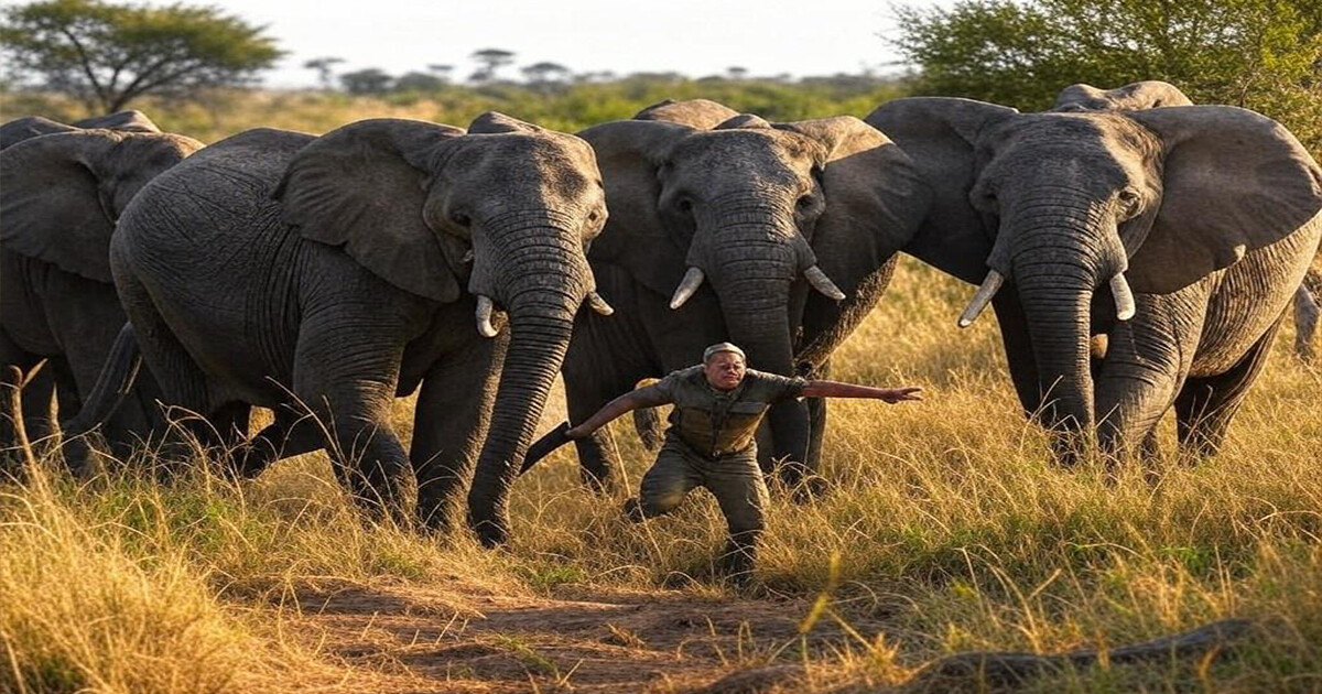 Rhino Poacher trampled to death by Elephants in South Africa An image of elephants attacking a rhino poacher in South Africa. (X/Grok2 AI)