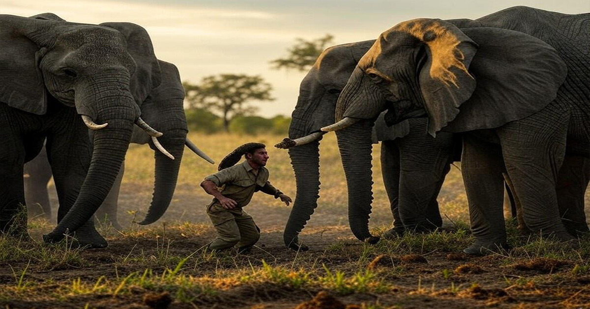 Rhino Poacher trampled to death by Elephants in South Africa An image of elephants attacking a rhino poacher in South Africa. (X/Grok2 AI)