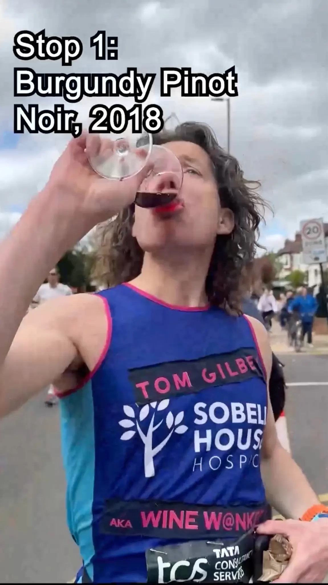 Runner chugs 25 glasses of wine during London marathon, ‘I was totally exhausted’ At each mile marker, Tom Gilbey drank a glass of wine and guessed its variety, country of origin and vintage. (Tom Gilbey/Instagram)