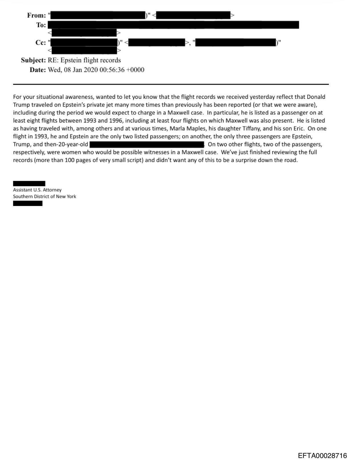 SDNY email dated January 2020 describing Donald Trump on Epstein flight records from 1993 to 1996, published by The AEGIS Alliance.